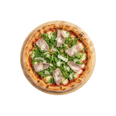 Pizza Rucola mit gekochtem Schinken, Rucola und Parmesan