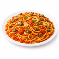 Spaghetti Capri Vegan mit Kapern, Knoblauch und Tomatensauce