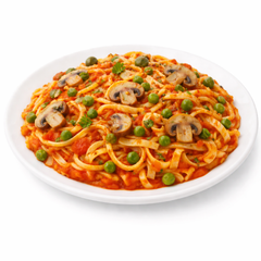 Tagliatelle Pilze Vegan mit Pilze, Zwiebeln, Erbsen und Tomatensauce