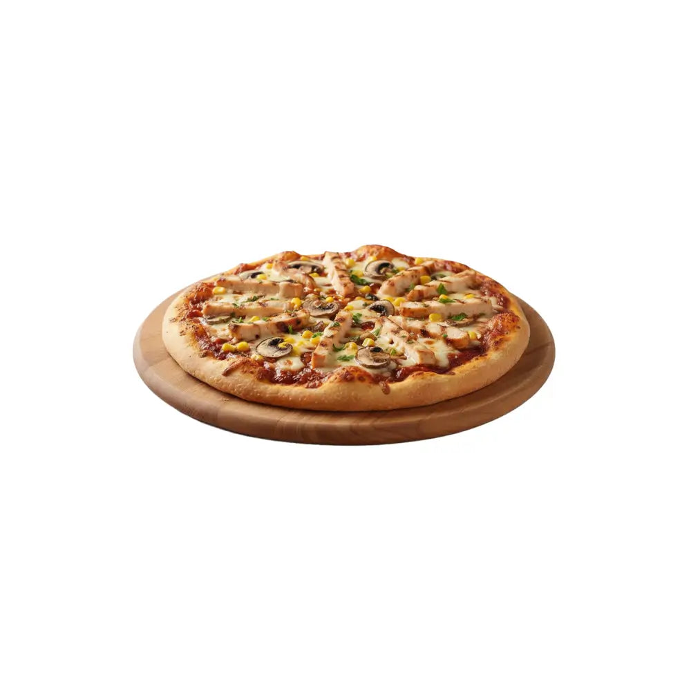 Pizza Barbecue mit Barbecuesauce, Putenbruststreifen, Champignons und Mais