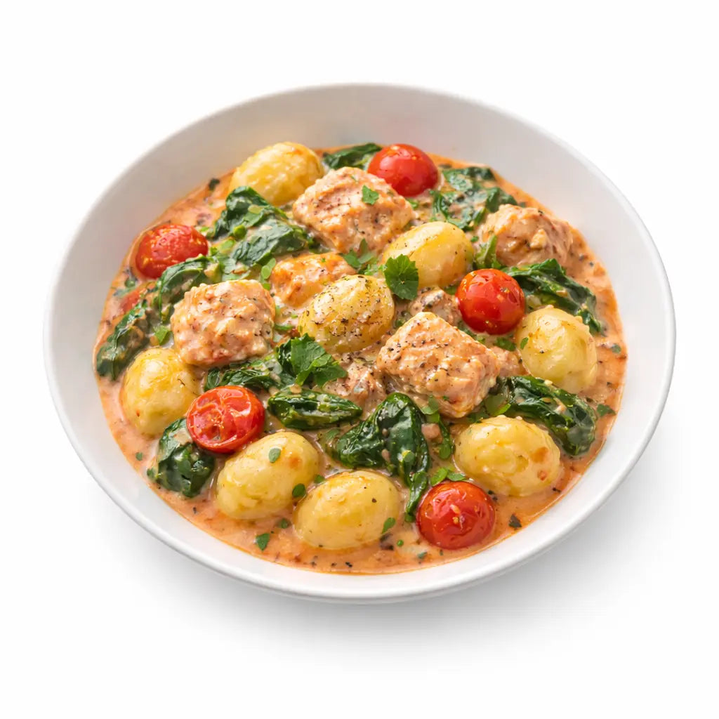 Gnocchi Salmone mit Lachs, Spinat und Tomaten-Sahnesauce