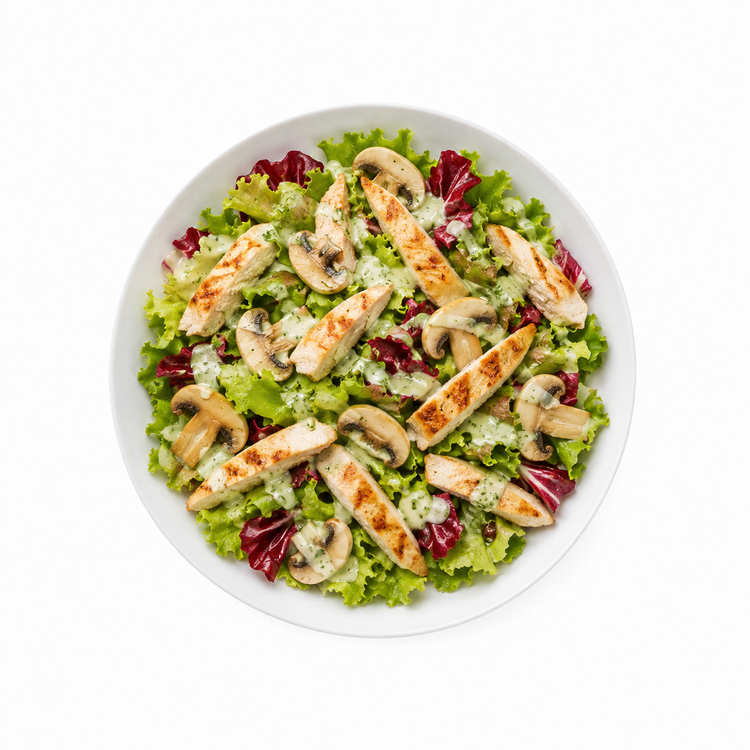 Insalata Pollo gemischter Salat mit Hähnchenbruststreifen und Champignons - mit Haus-Dressing