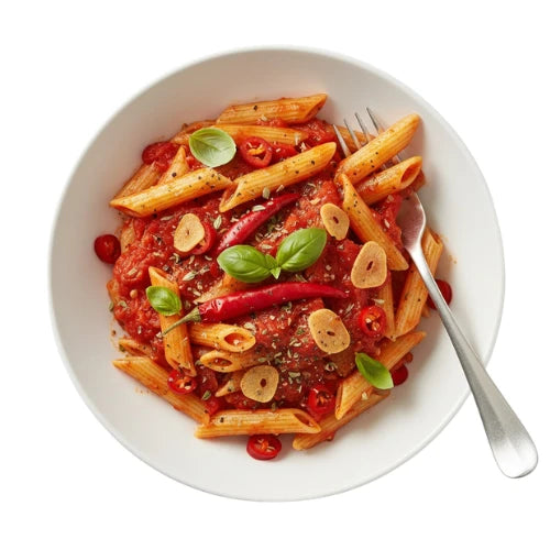 Penne Arrabbiata mit frischem Knoblauch, scharfer Peperoni und Tomatensauce