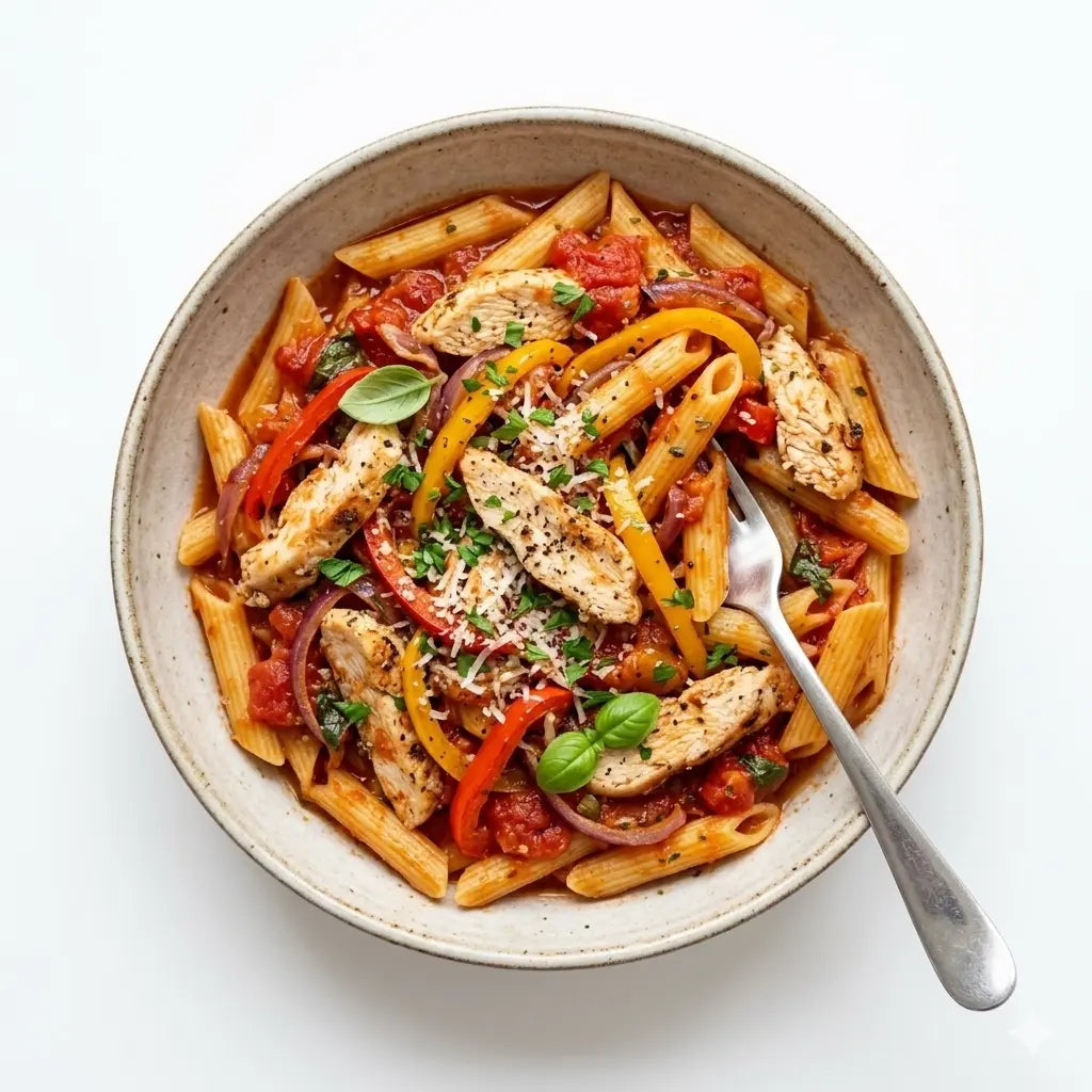 Penne Manzo mit Hühnerstreifen, Zwiebeln, Paprika und Tomatensauce
