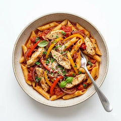 Penne Manzo mit Hühnerstreifen, Zwiebeln, Paprika und Tomatensauce