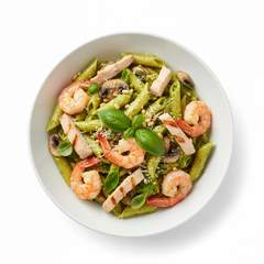 Penne Pesto mit Pute, Champignons, Shrimps und Pesto