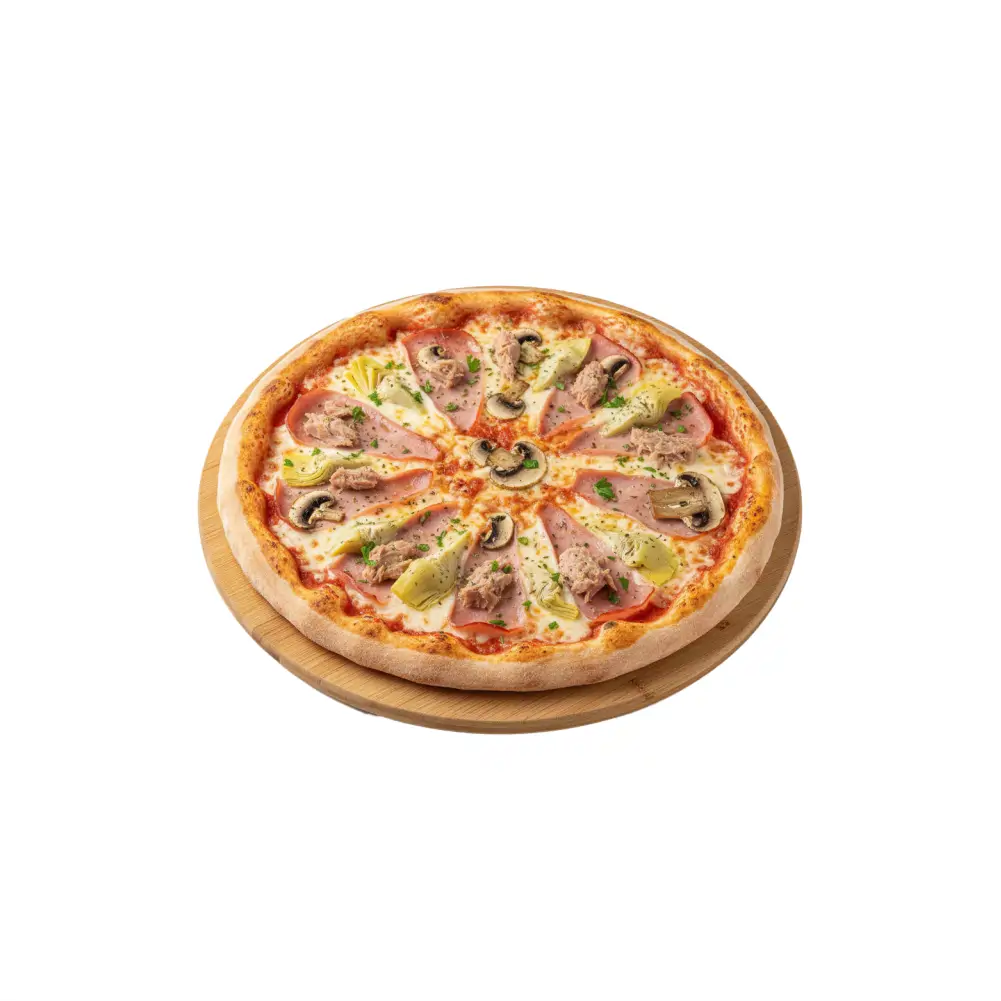 Pizza Capricciosa mit Vorderschinken, Champignons, Thunfisch und Artischocken