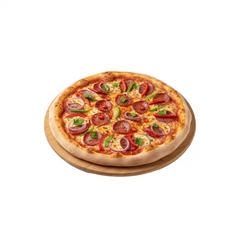 Pizza Diavolo mit Zwiebeln, Paprika, Peperoni und veganem Käse