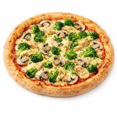 Pizza Toscana mit Zwiebeln, Champignons, Broccoli und veganem Käse