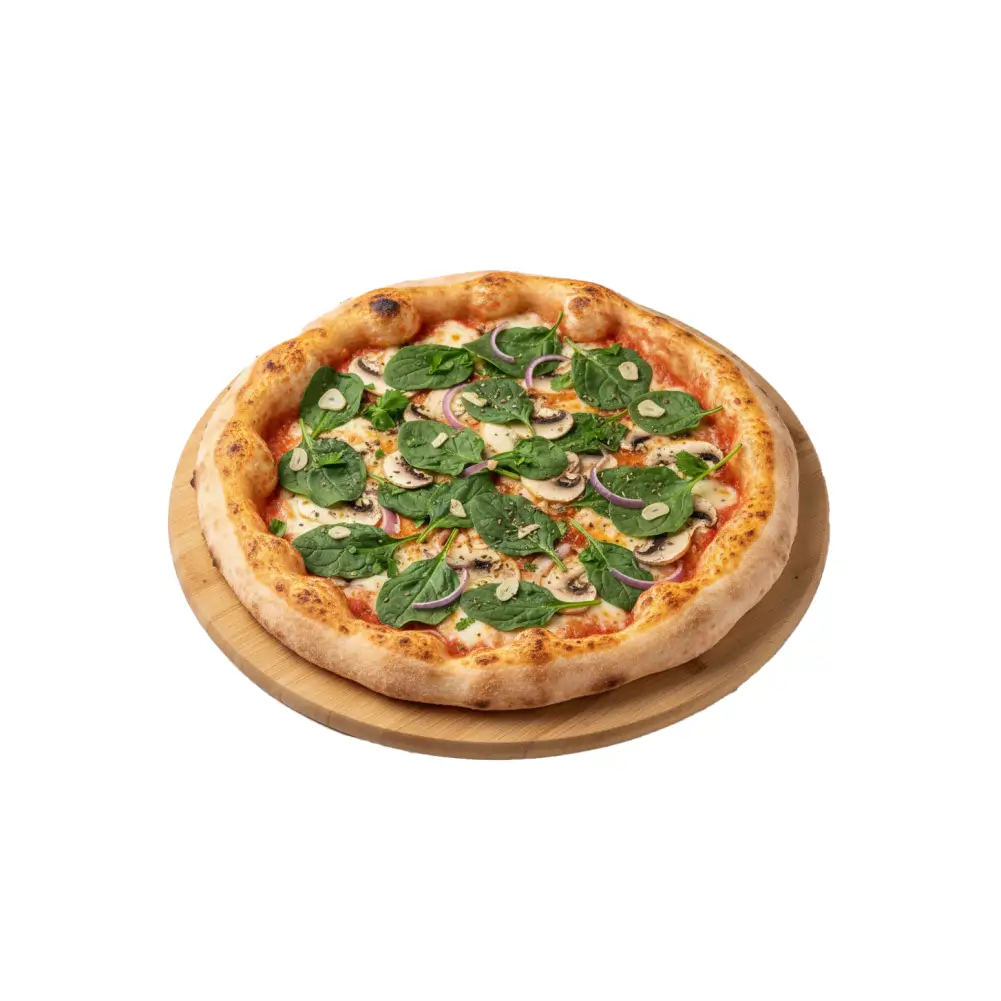 Pizza Montanara mit Champignons, Spinat, Zwiebeln und Knoblauch