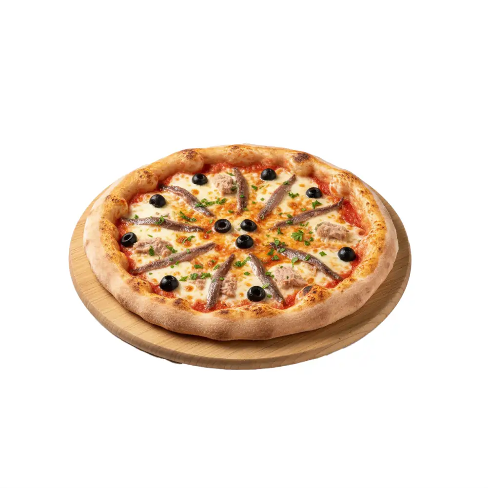 Pizza Roma mit Sardellen, Oliven und Thunfisch