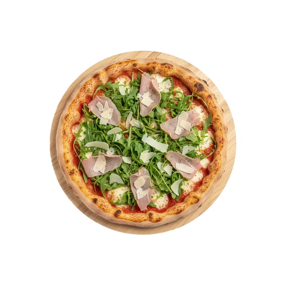 Pizza Rucola  mit gekochtem Schinken, Rucola und Parmesan