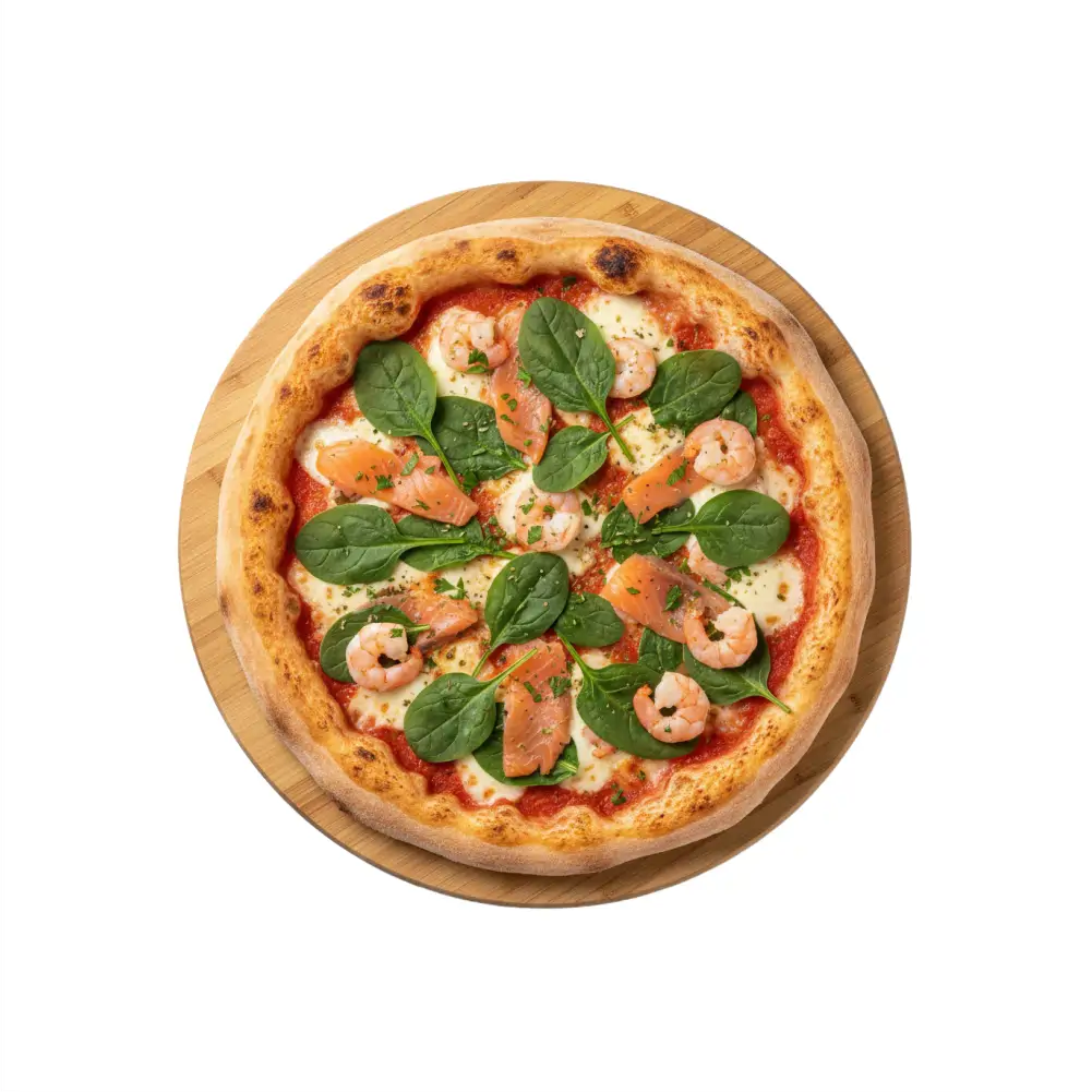 Pizza San Marina  mit Spinat, Shrimps und Lachs