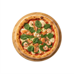 Pizza San Marina  mit Spinat, Shrimps und Lachs