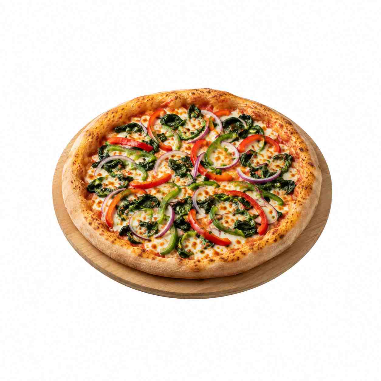 Pizza Italia mit Spinat, Zwiebeln und Paprika