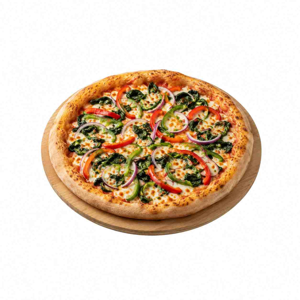 Pizza Italia mit Spinat, Zwiebeln und Paprika