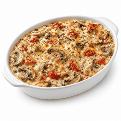 Funghi al Forno mit Champignons, Tomaten, Sahnesauce, Gewürzen und Knoblauch