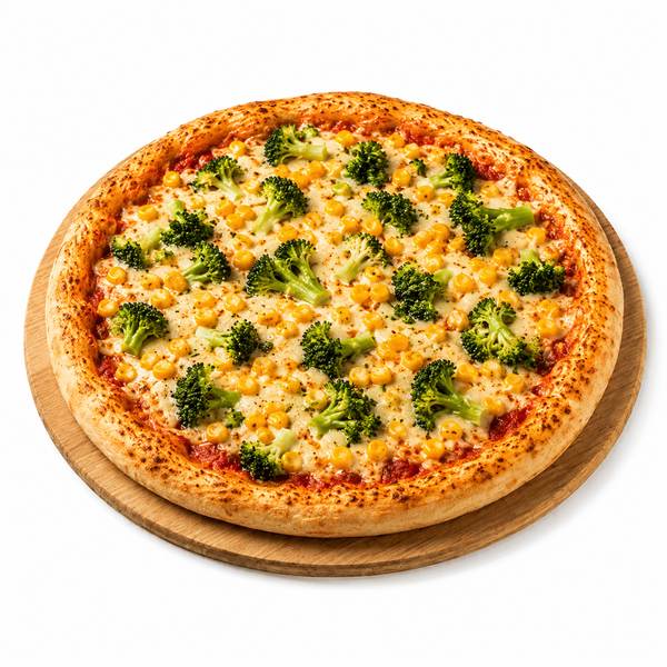 Pizza Broccoli mit Broccoli, Mais, veganem Käse und Tomatensauce