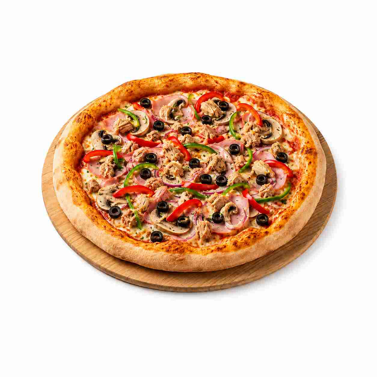 Pizza Completta  mit Thunfisch, Paprika, Champignons, Schinken, Zwiebeln und Oliven