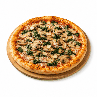 Pizza Montanara mit Champignons, Spinat, Zwiebeln, Knoblauch und veganem Käse
