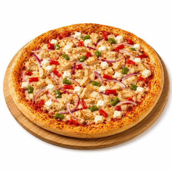 Pizza Palermo mit Hähnchen, Schafskäse, Zwiebeln und Paprika