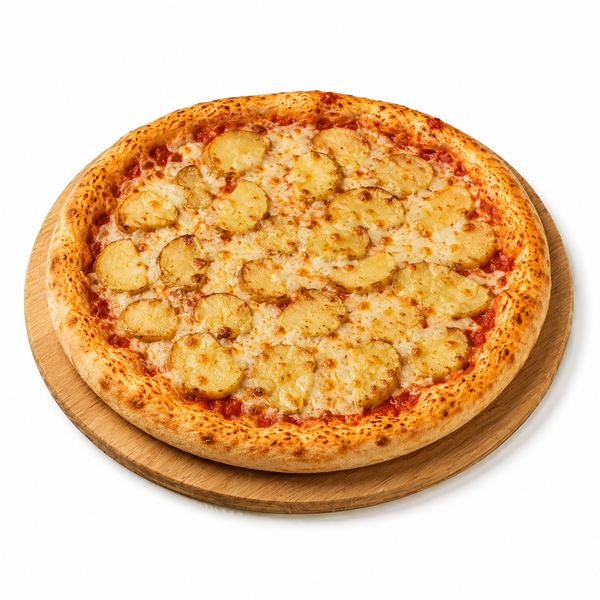 Pizza Patata mit gebratenen Kartoffelscheiben und veganem Käse