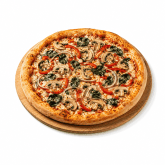 Pizza Quattro Stagioni mit Paprika, Zwiebeln , Spinat, Champignons und veganem Käse