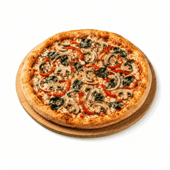 Pizza Quattro Stagioni mit Paprika, Zwiebeln , Spinat, Champignons und veganem Käse