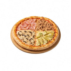 Pizza Quattro Stagioni mit Schinken, Thunfisch, Champignons und Artischocken