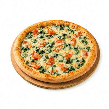 Pizza Spinachi Cremoso mit frischem Spinat, Tomatenstücken und veganem Käse
