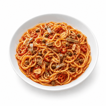 Spaghetti Capri mit Kapern, Sardellen, Peperoni, frischem Knoblauch und Tomatensauce