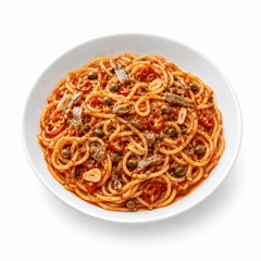 Spaghetti Capri mit Kapern, Sardellen, Peperoni, frischem Knoblauch und Tomatensauce