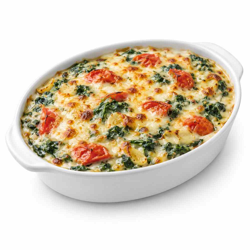 Spinaci al Forno mit Spinat, Sahnesauce, Käse, Tomaten und Knoblauch