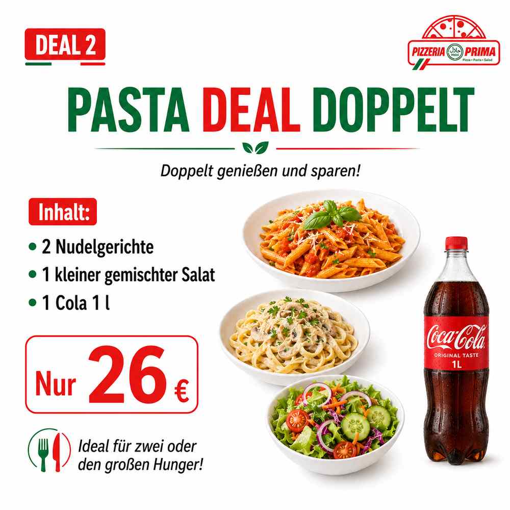 Pasta Deal Doppelt - Any 2 x Nuddel, Small Salat Gemischt, Cola 1L