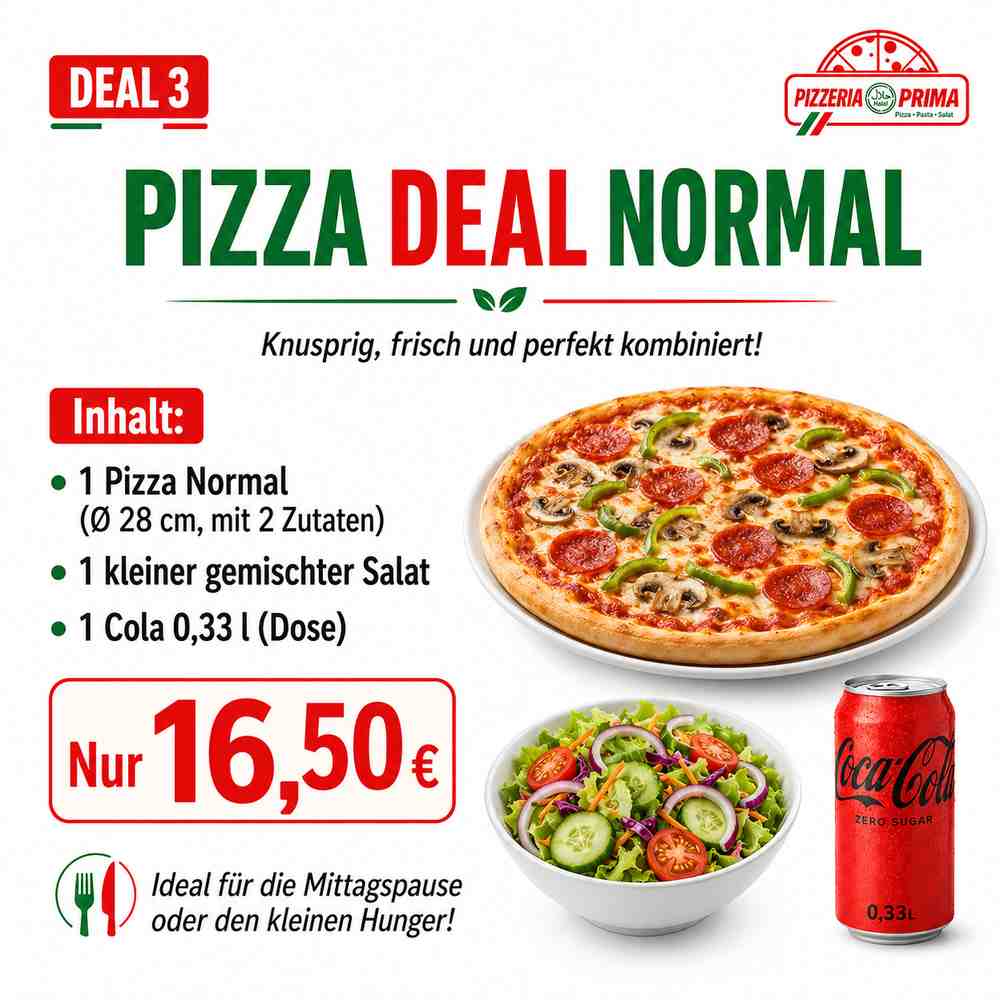 Pizza Deal Normal - Any Normal Pizza, Ø 28cm mit 2 zutaten, Small Salat Gemischt, Cola 0,33l
