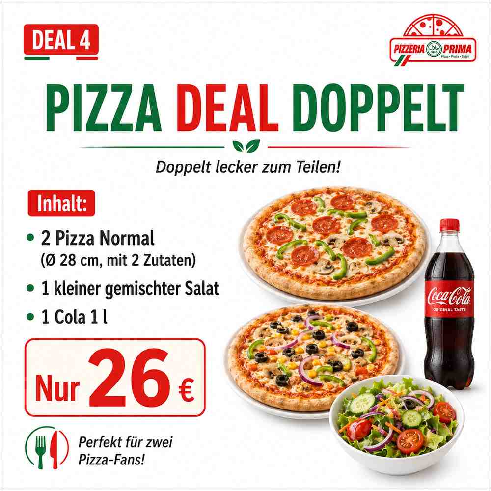 Pizza Deal Doppelt - Any 2 x Normal Pizza, Ø 28cm mit 2 zutaten, Small Salat Gemischt, Cola 1L