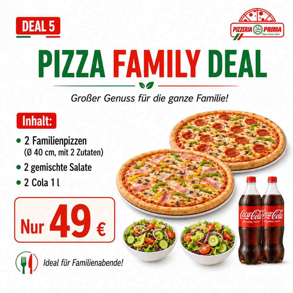 Pizza Family Deal - Any 2 x Familien Pizza, Ø 40cm mit 2 zutaten, 2 x Salat Gemischt, 2 x Cola 1L