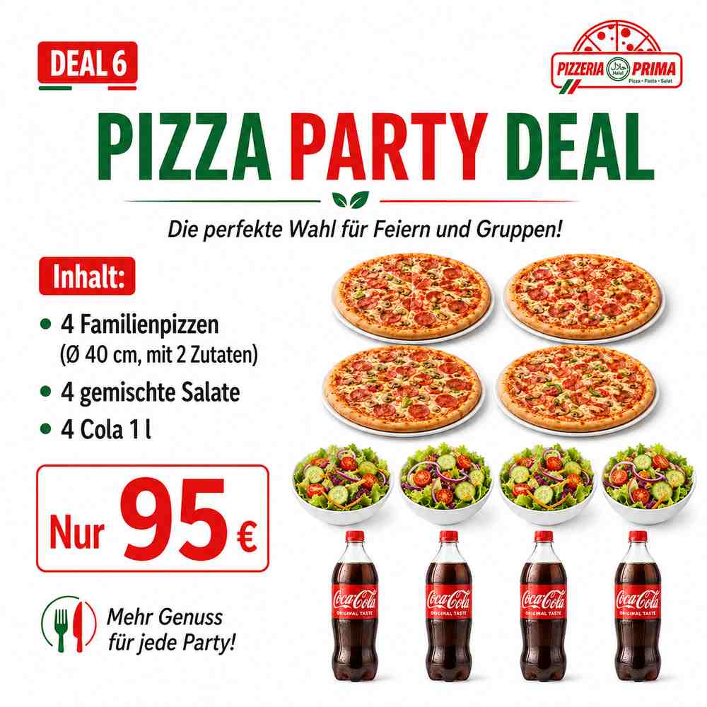 Pizza Party Deal - Any 4 x Familien Pizza, Ø 40cm mit 2 zutaten, 4 x Salat Gemischt, 4 x Cola 1L