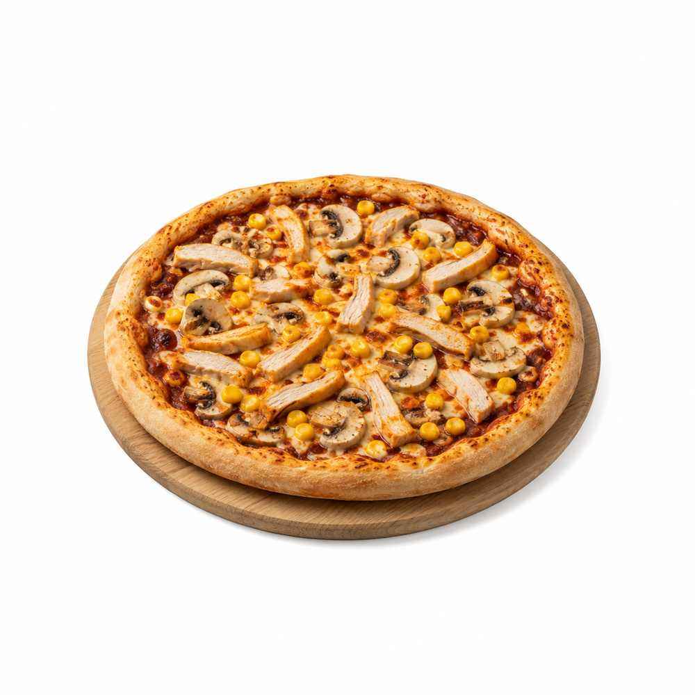 Pizza Barbecue mit Barbecuesauce, Putenbruststreifen, Champignons und Mais