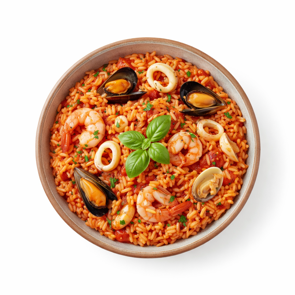 Reis Frutti di Mare mit Meeresfrüchten, Tomatensauce und Knoblauch