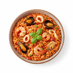 Reis Frutti di Mare mit Meeresfrüchten, Tomatensauce und Knoblauch