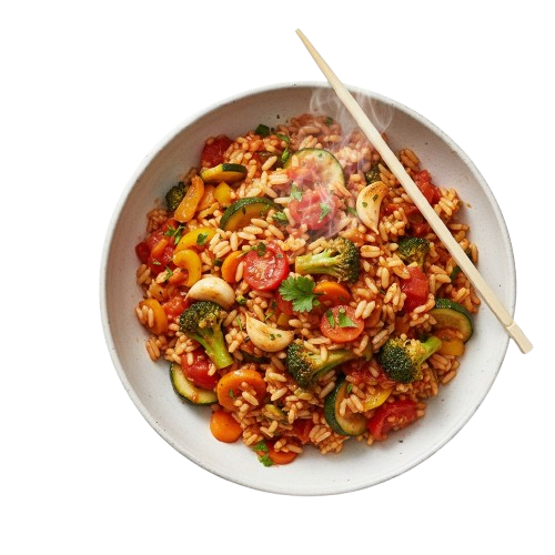 Reis Verdura (scharf) mit Gemüse, Tomatensauce und Knoblauch