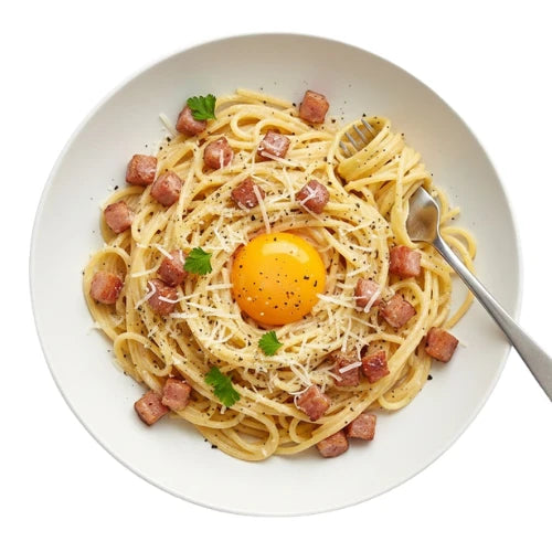 Spaghetti Carbonara mit Schinken, Ei und Sahnesauce