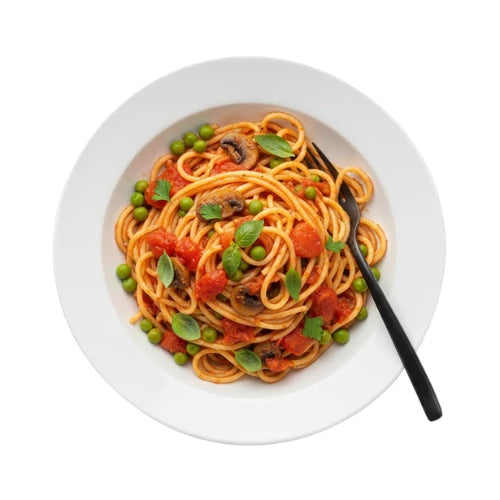 Spaghetti Colorato Vegan mit Champignons, Erbsen und Tomatensauce