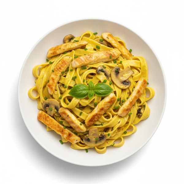 Tagliatelle Manzo mit Putenstreifen, Champignons und Currysauce