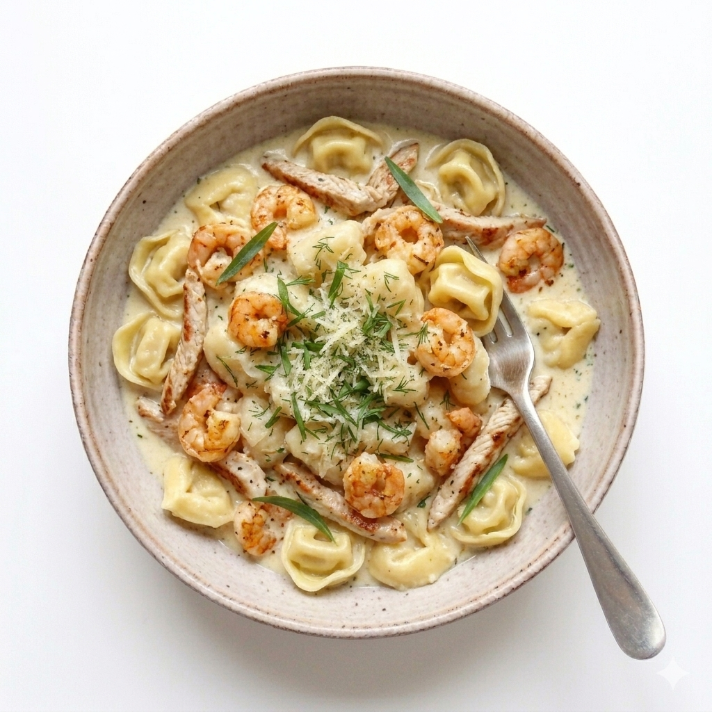 Tortellini Crevette gefüllt mit Käse, Putenbruststreifen, Shrimps und Sahnesauce