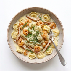 Tortellini Crevette gefüllt mit Käse, Putenbruststreifen, Shrimps und Sahnesauce