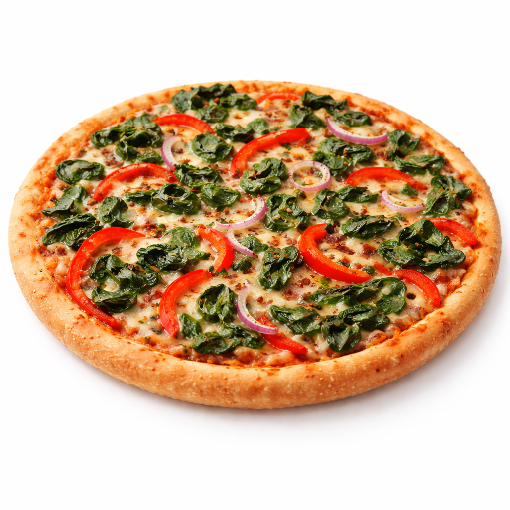 Pizza Italia mit Spinat, Zwiebeln, Paprika und veganem Käse