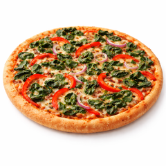 Pizza Italia mit Spinat, Zwiebeln, Paprika und veganem Käse