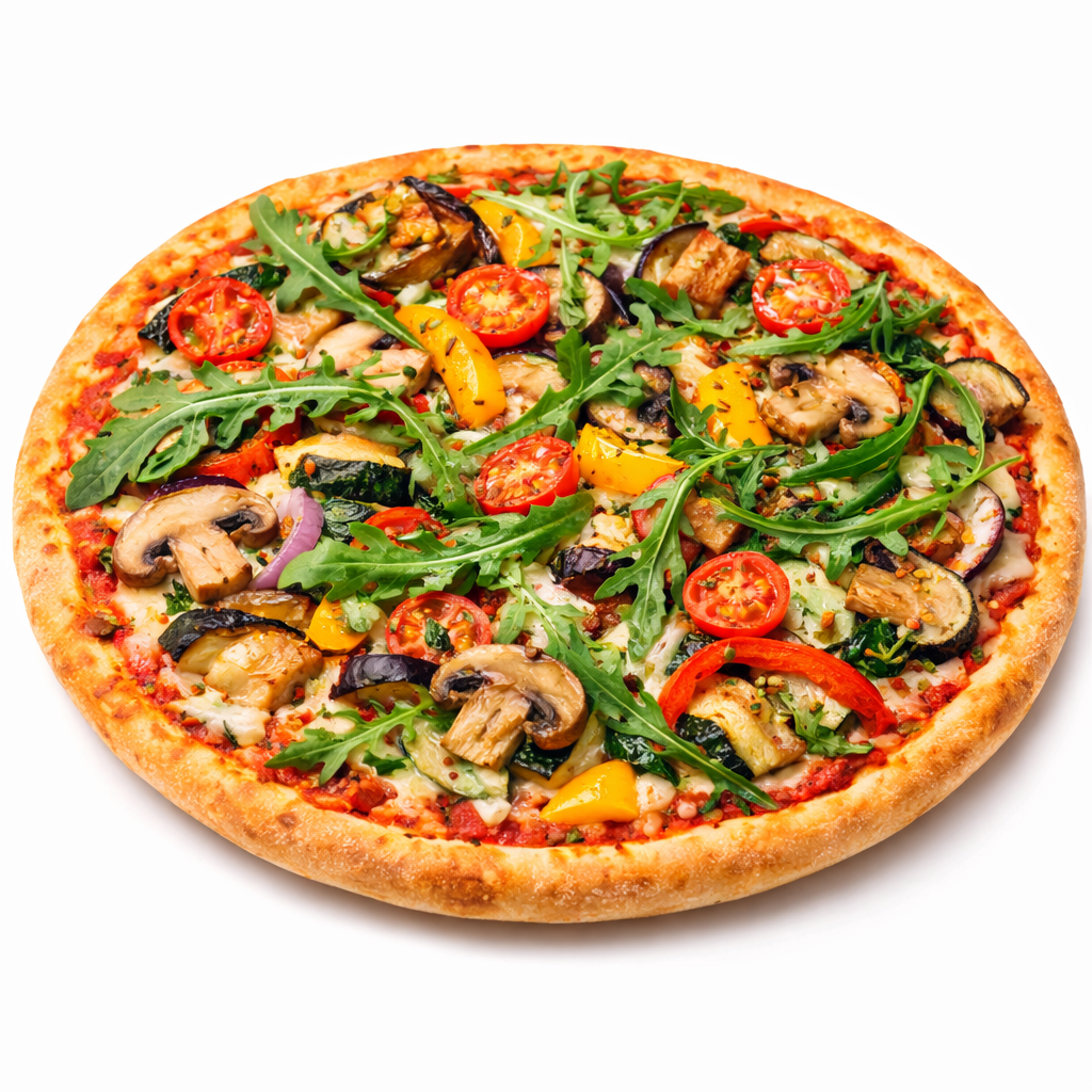 Pizza Primavegana Spezial mit gebratenem Gemüse, Rucola und veganem Käse
